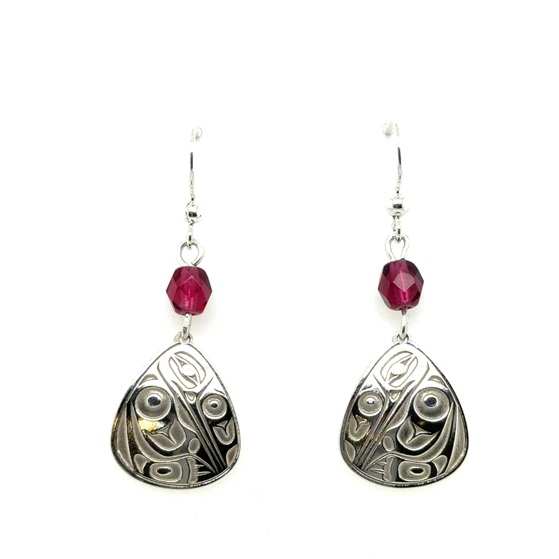 Earrings - Sterling Silver - Drop - Triangle - Hummingbird - Fuchsia Czech Glass Beads