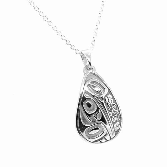 Pendant - Sterling Silver - Teardrop - Hummingbird Floral - 24mm