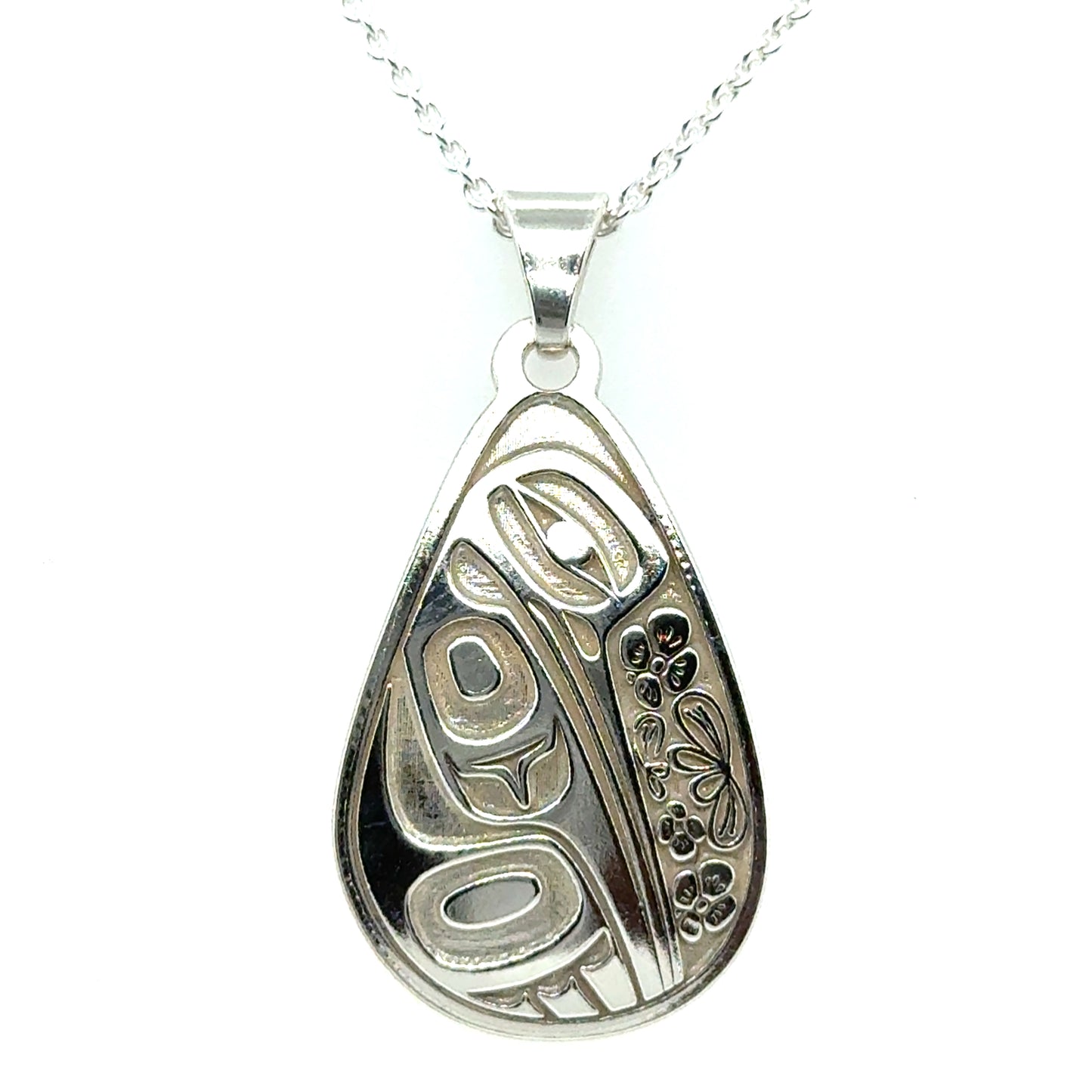 Pendant - Sterling Silver - Teardrop - Hummingbird Floral - 30mm