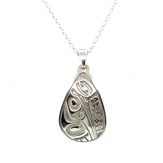 Pendant - Sterling Silver - Teardrop - Hummingbird Floral - 24mm