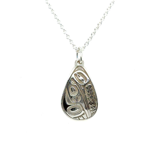 Pendant - Sterling Silver - Teardrop - Hummingbird Floral - 19mm